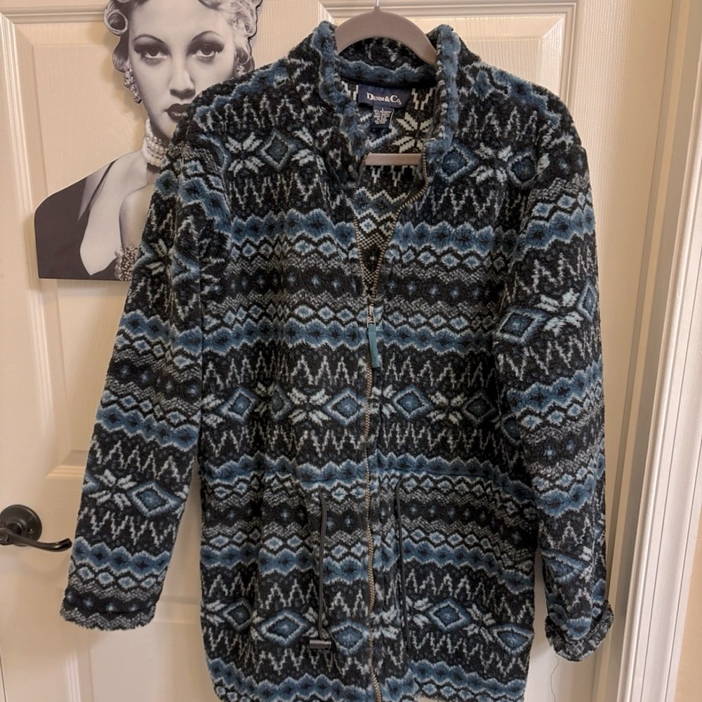 Denim & Co. Fleece Anorak Jacket Zip Drawstring Tribal Print L